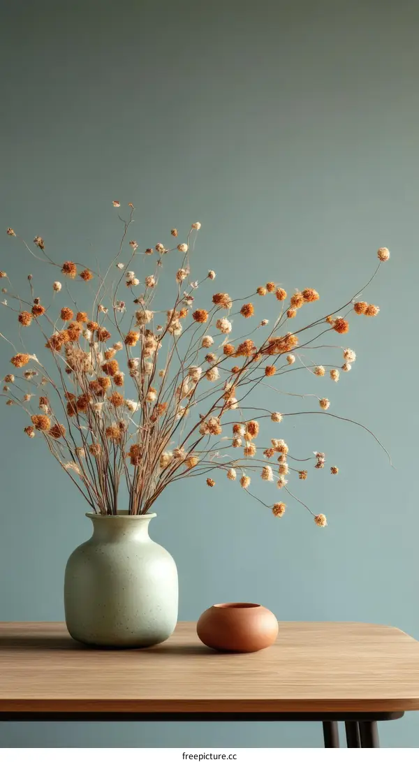 Dried flowers in a vase on a wooden table