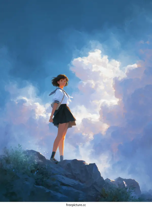 A Girl Standing on a Mountaintop under a Sky Full of Clouds