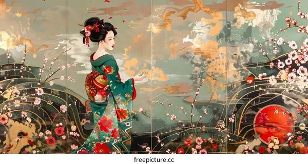 An illustration of a Japanese woman in a kimono standing in a field of cherry blossoms.