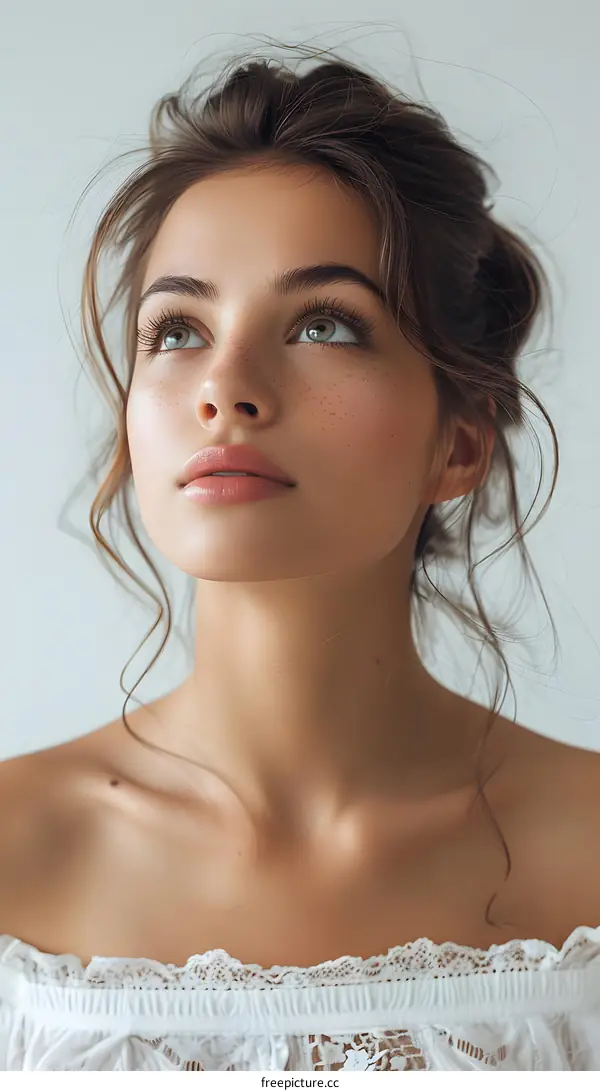 portrait of a beautiful young woman with freckles and brown hair wearing a white dress