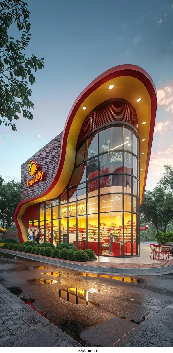 futuristic architecture of a pet store with a curved roof and large glass windows