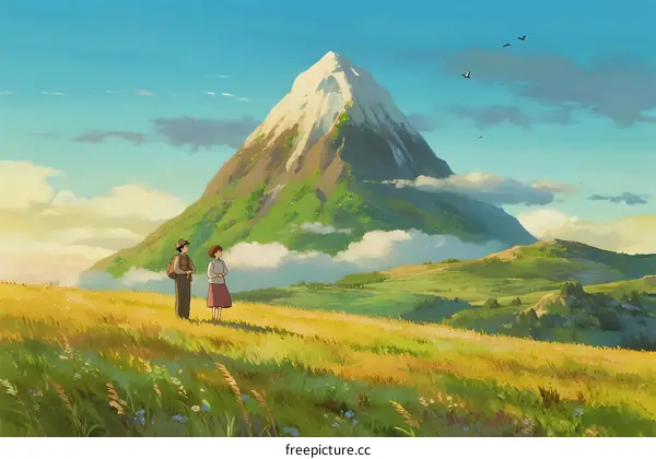 A couple standing on grassy hill with snow-capped mountain in background