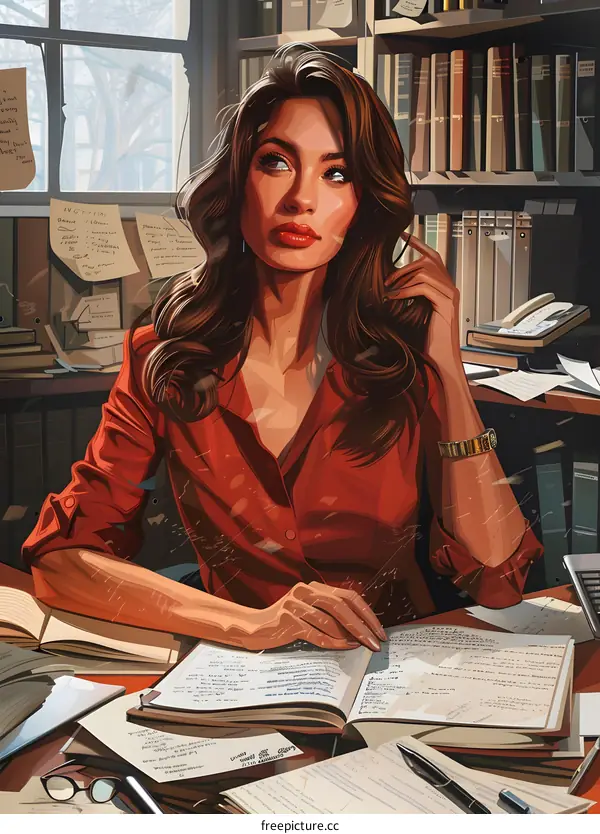portrait of a beautiful woman in red shirt sitting in library and reading a book