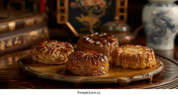 Closeup of Four Caramel Apple Pies on a Wooden Platter
