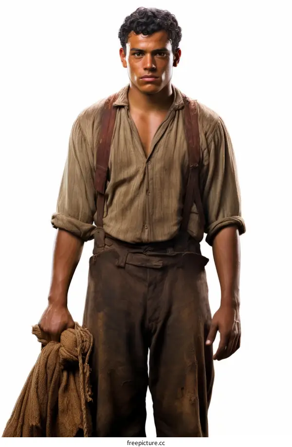 portrait of a young male wearing a brown shirt and suspenders