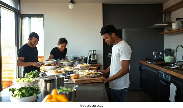 Three Diverse People Sharing a Meal in a Modern Kitchen