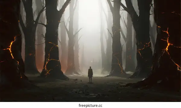 Mysterious Figure Standing in Eerie Luminous Forest Path