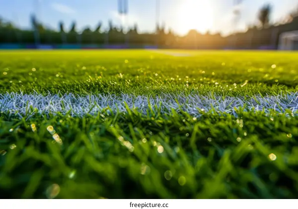 Close-up of green artificial grass texture of a soccer field with white line marking