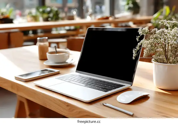Laptop on Wooden Desk in Cafe Setting