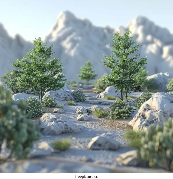 Snowy Mountain Valley with Trees and Rocks