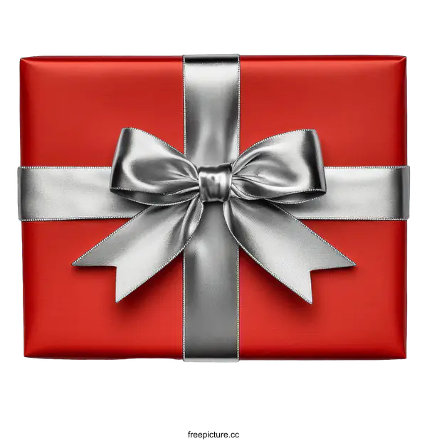[Transparent Background PNG]Red Gift Box with Silver Ribbon