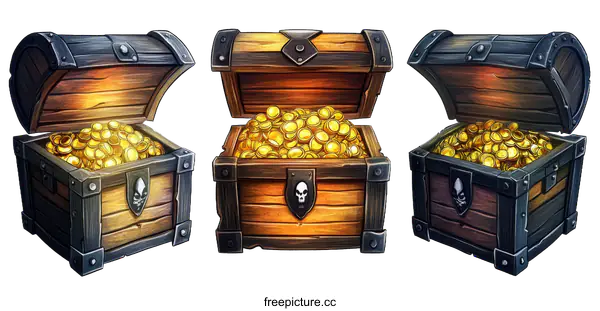 [Transparent Background PNG]Three Treasure Chests Filled with Gold Coins