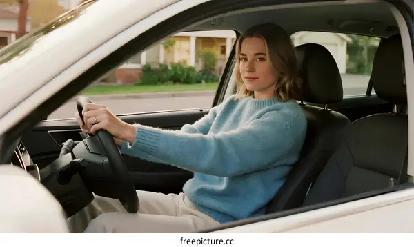 A woman driving a white car on a suburban street