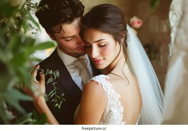 A beautiful bride and groom on their wedding day.