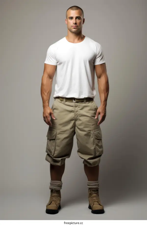 muscular man in white shirt and cargo pants