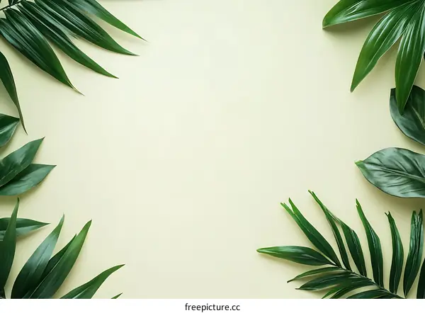 Green Tropical Leaves Frame on Light Yellow Background