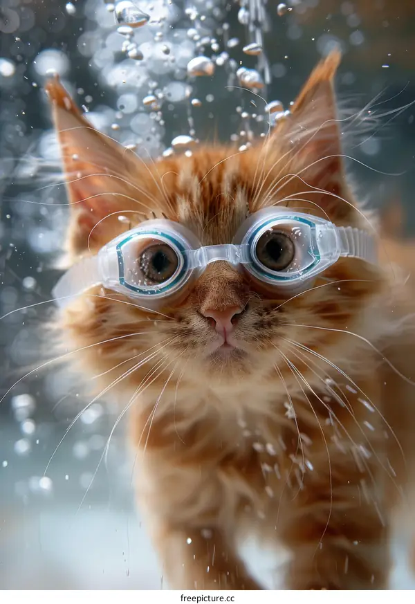 Ginger Cat Wearing Goggles Swims Underwater