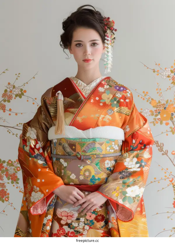 A young woman wearing a kimono
