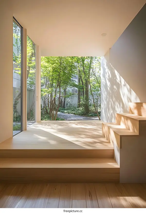 Modern Minimalist Interior Design With Wooden Stairs And A View Of A Lush Garden