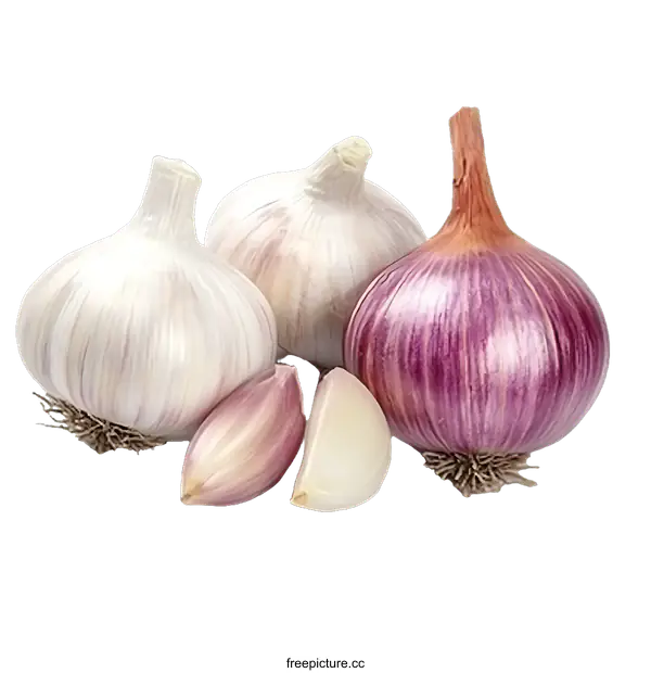 [Transparent Background PNG]Fresh Garlic and Purple Onions Display