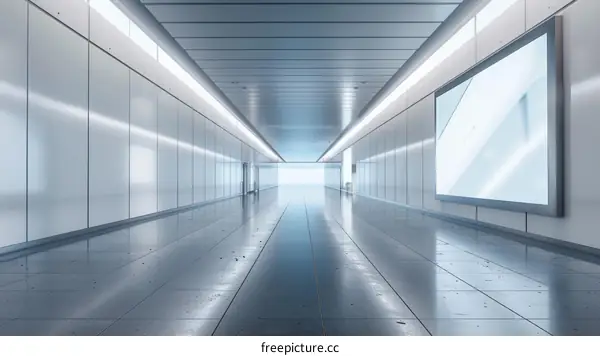 Futuristic empty corridor interior with blank billboard