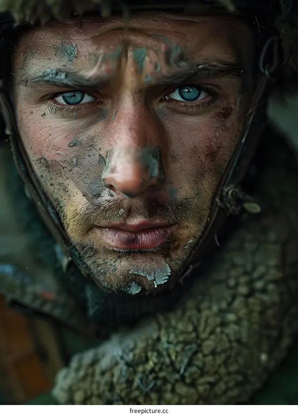 Portrait of a soldier with blue eyes and a beard
