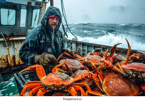 A fisherman wearing a rain jacket and gloves sorts through a large catch of crabs on a boat at sea during a storm