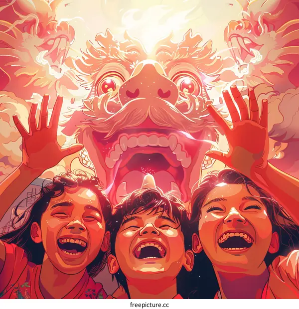 Three happy children with a dragon in the background