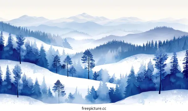 Blue and white winter landscape with snow-covered hills and pine trees