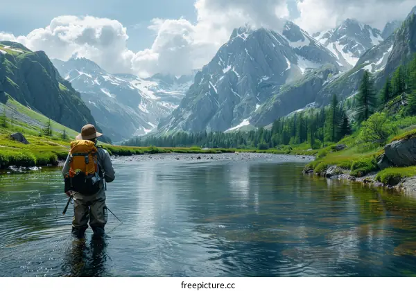 Fly Fishing in Mountain River with Snowcapped Mountain Peaks in the Distance