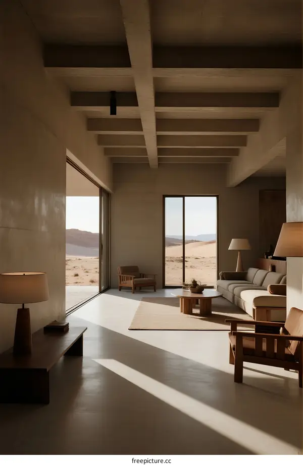 Modern minimalist living room with large windows overlooking desert