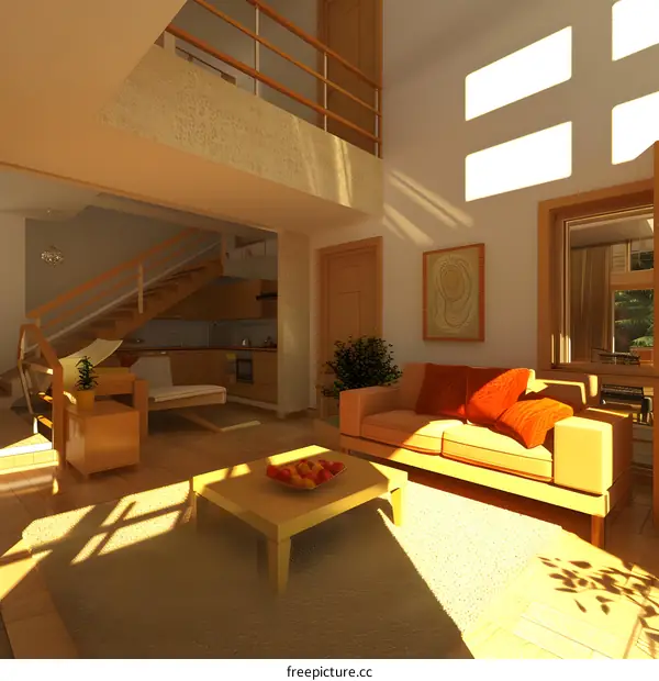 Modern Living Room Interior Design with Wooden Flooring and Staircase