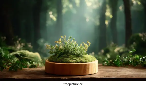 Forest Scene with Small Plants in Wooden Pot