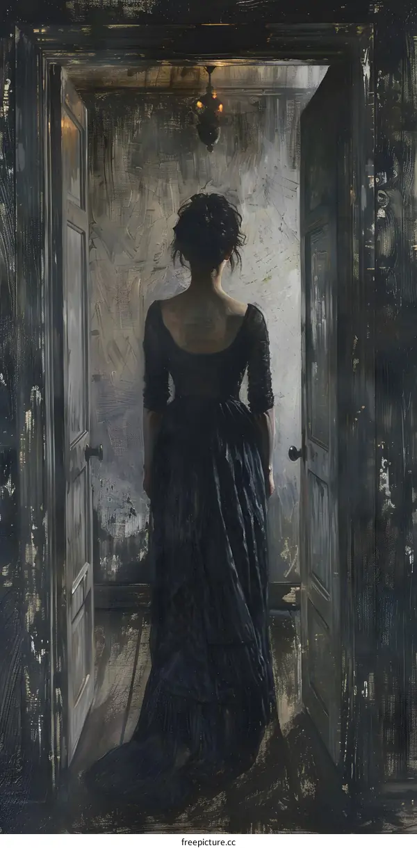 Woman in Black Dress Standing in Doorway of Old House
