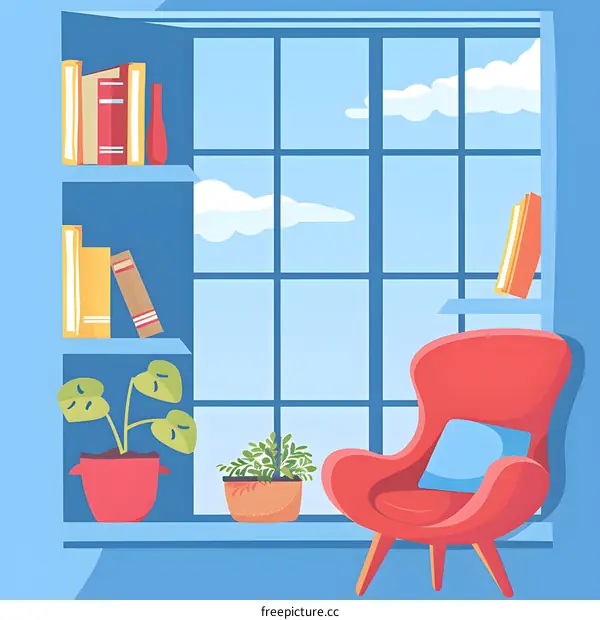 Window with Bookshelf and Chair Illustration