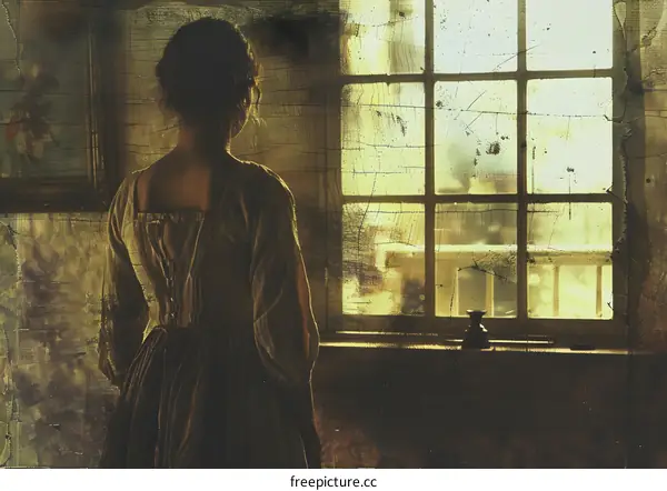 Woman In Vintage Dress Looking Out Window