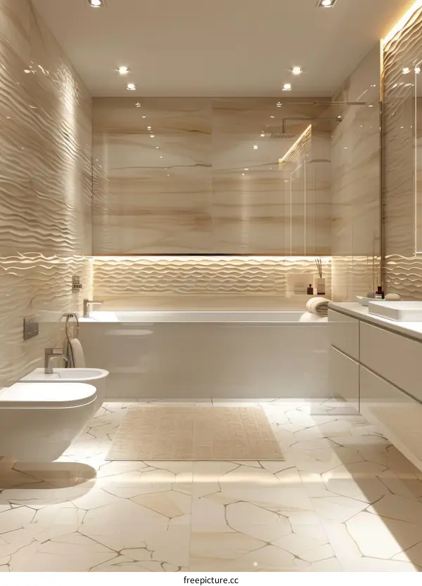 Bathroom interior with beige marble walls and tiles