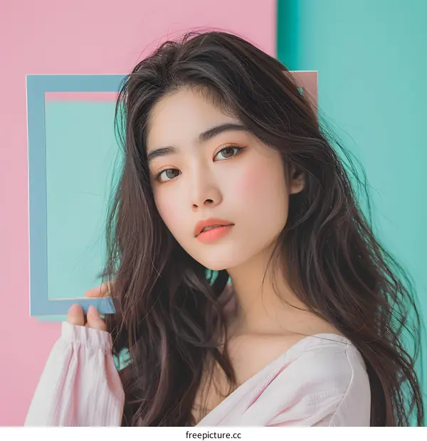 Young Asian Woman Holding a Frame Against a Colorful Background