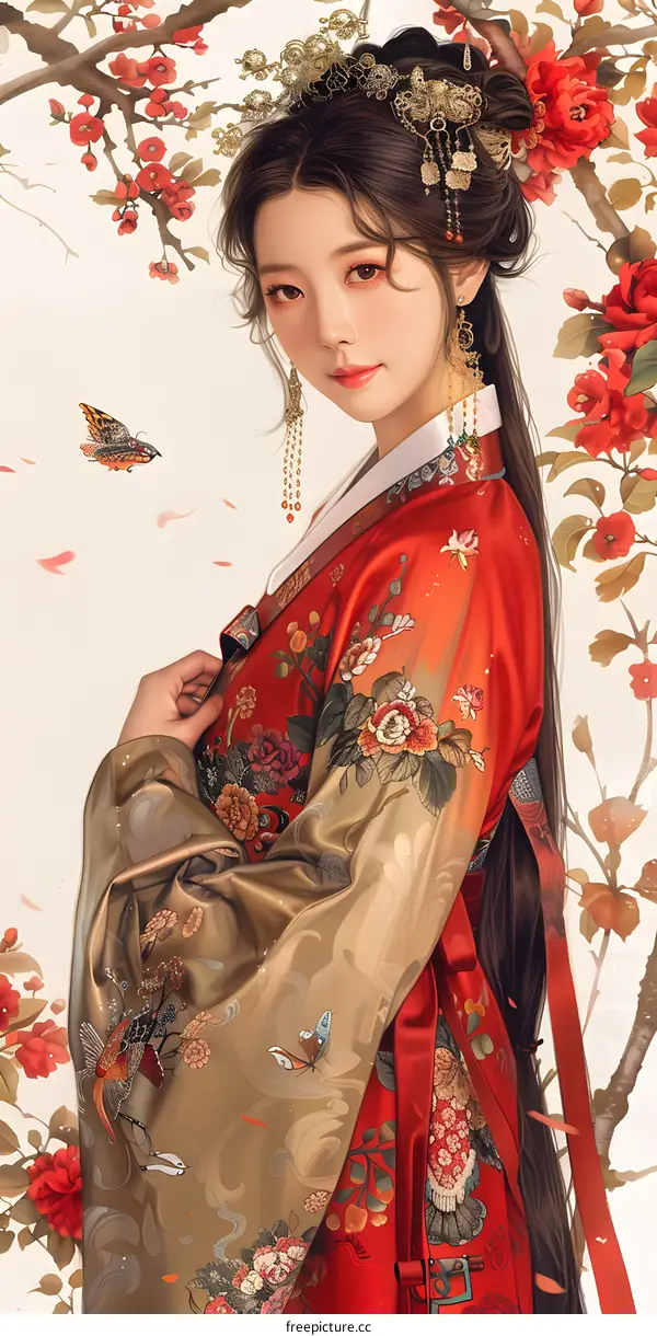 A beautiful Chinese woman in traditional dress stands in a garden of red flowers.