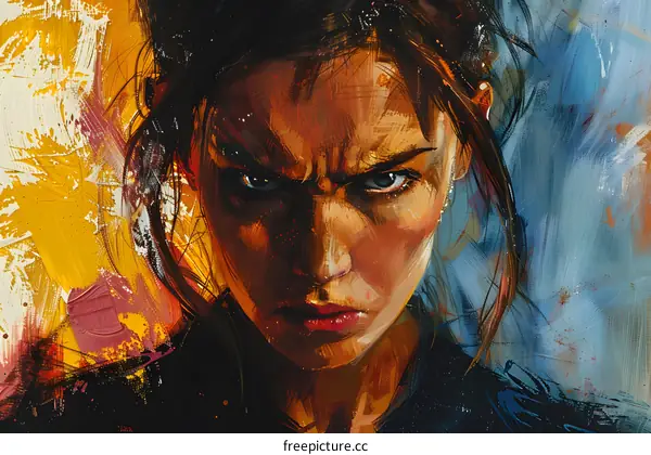 Portrait of a young woman with brown hair and blue eyes looking at the viewer with an angry expression on her face
