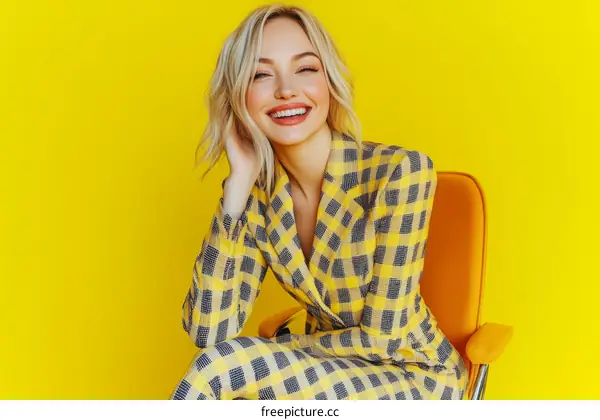 Stylish Woman in Plaid Outfit against Yellow Background