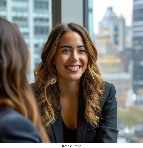 Two businesswomen discussing ideas in an office