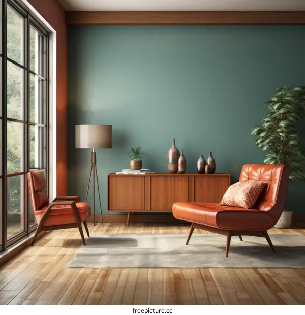retro style living room interior with two orange armchairs and a wooden cabinet