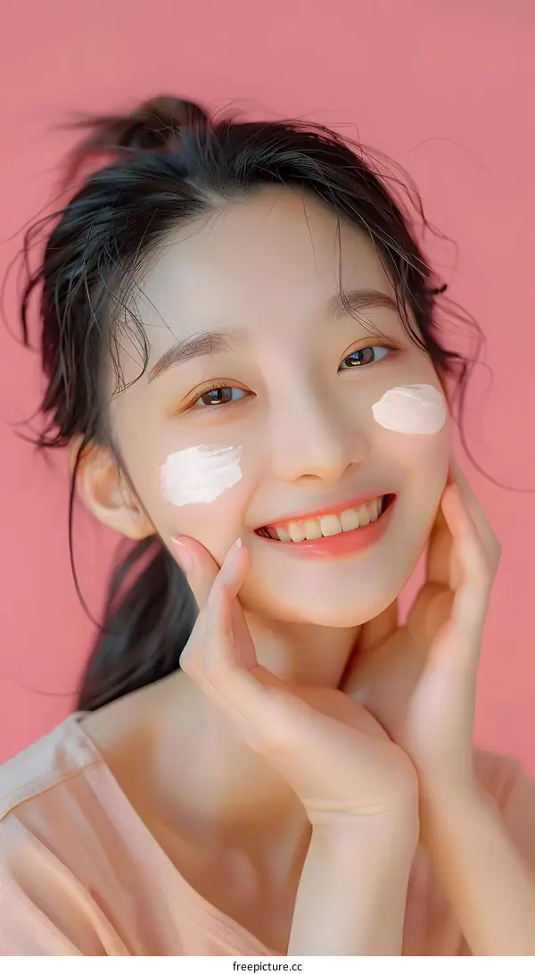 Smiling Asian Woman with White Facial Cream on Her Cheeks