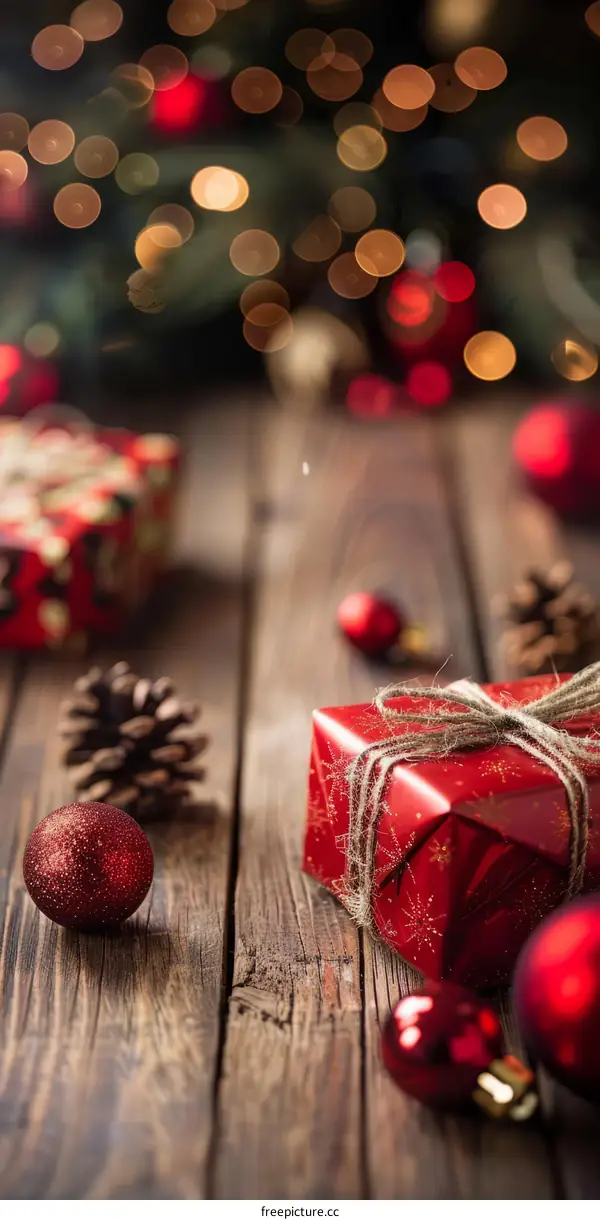 Golden Christmas ornaments on a wooden table with blurred Christmas tree in background
