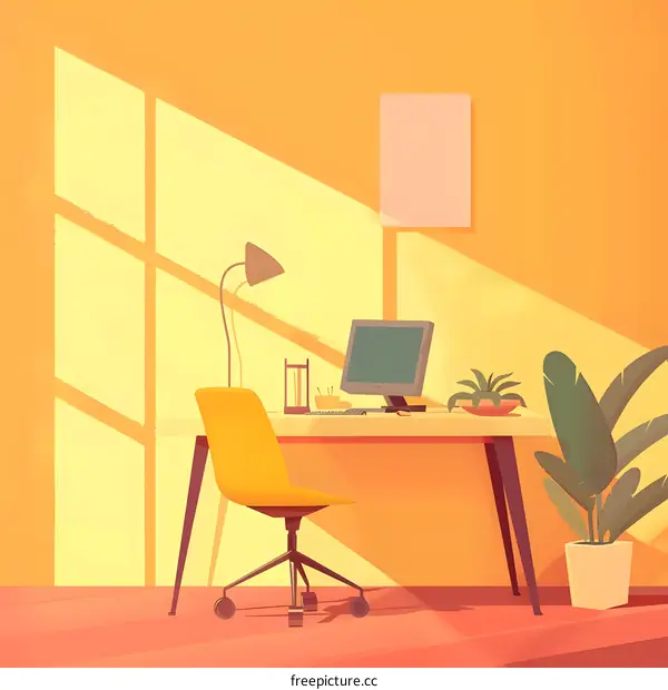 Modern Office Desk with Yellow Chair and Computer