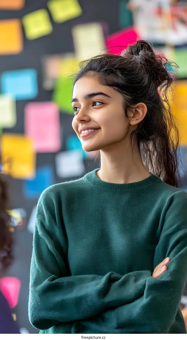 Young Indian Woman Smiling with Arms Crossed in Front of a Wall Covered in Colorful Notes