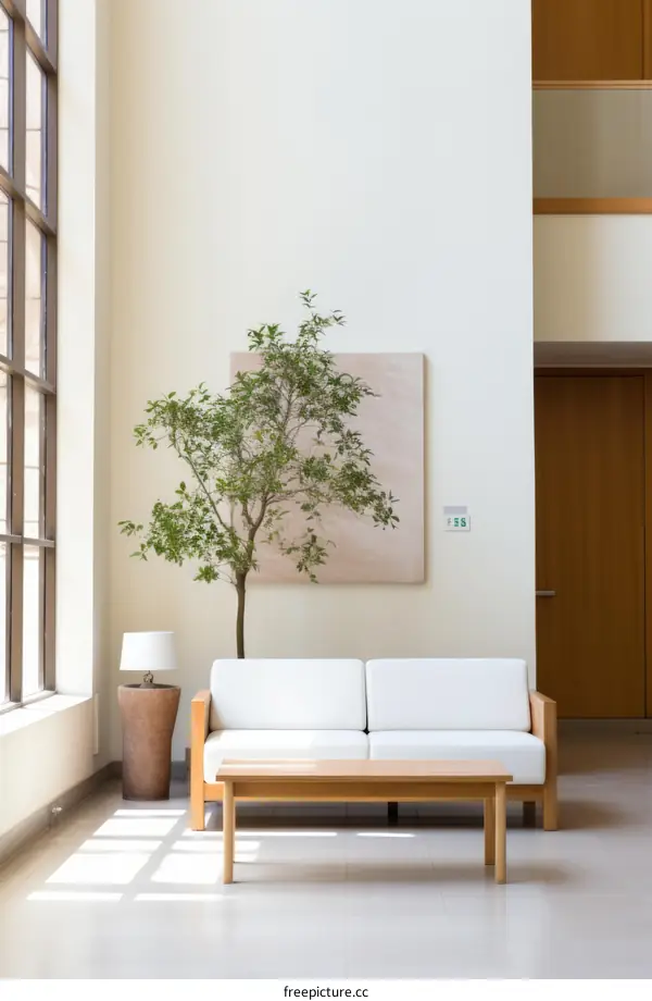 A modern living room with a tree, sofa and painting