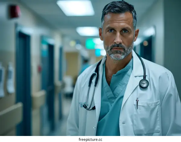 Portrait of a male doctor in a hospital hallway