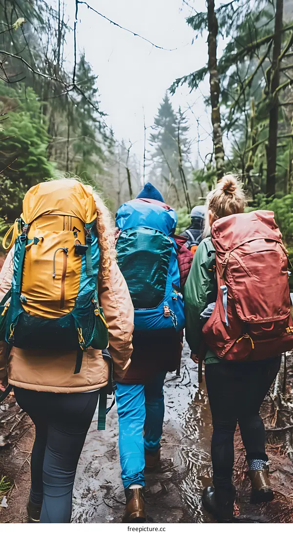 Hikers with Backpacks Walking Through Forest